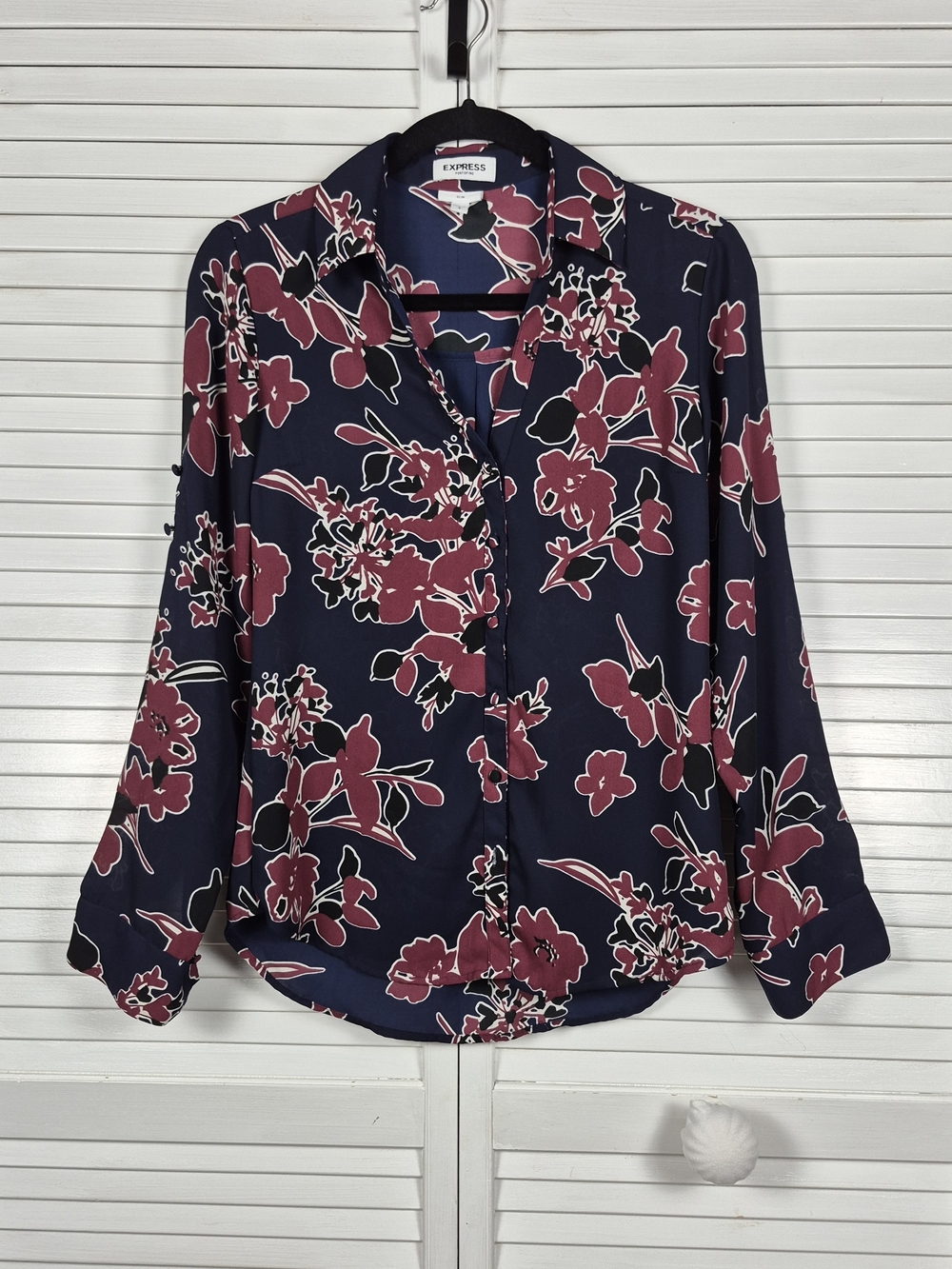 Express Portofino Slim Floral Button Up Blouse Navy Pink Size S/P - Picture 2 of 10